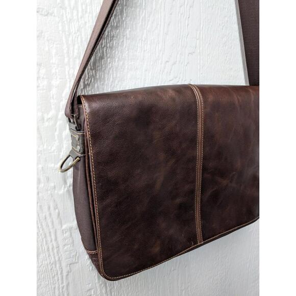 BOCONI Leather Messenger Bag Laptop Luxury Slim Brown Crossbody Shoulder Strap - Picture 2 of 9